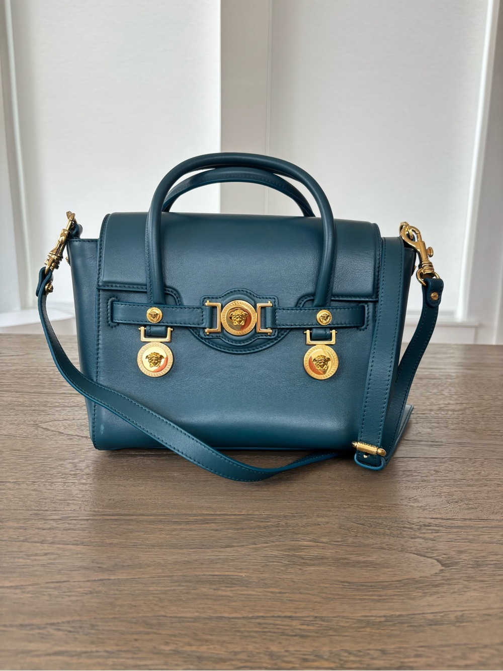 Versace Dark Green Leather Medusa-Emblem Satchel
